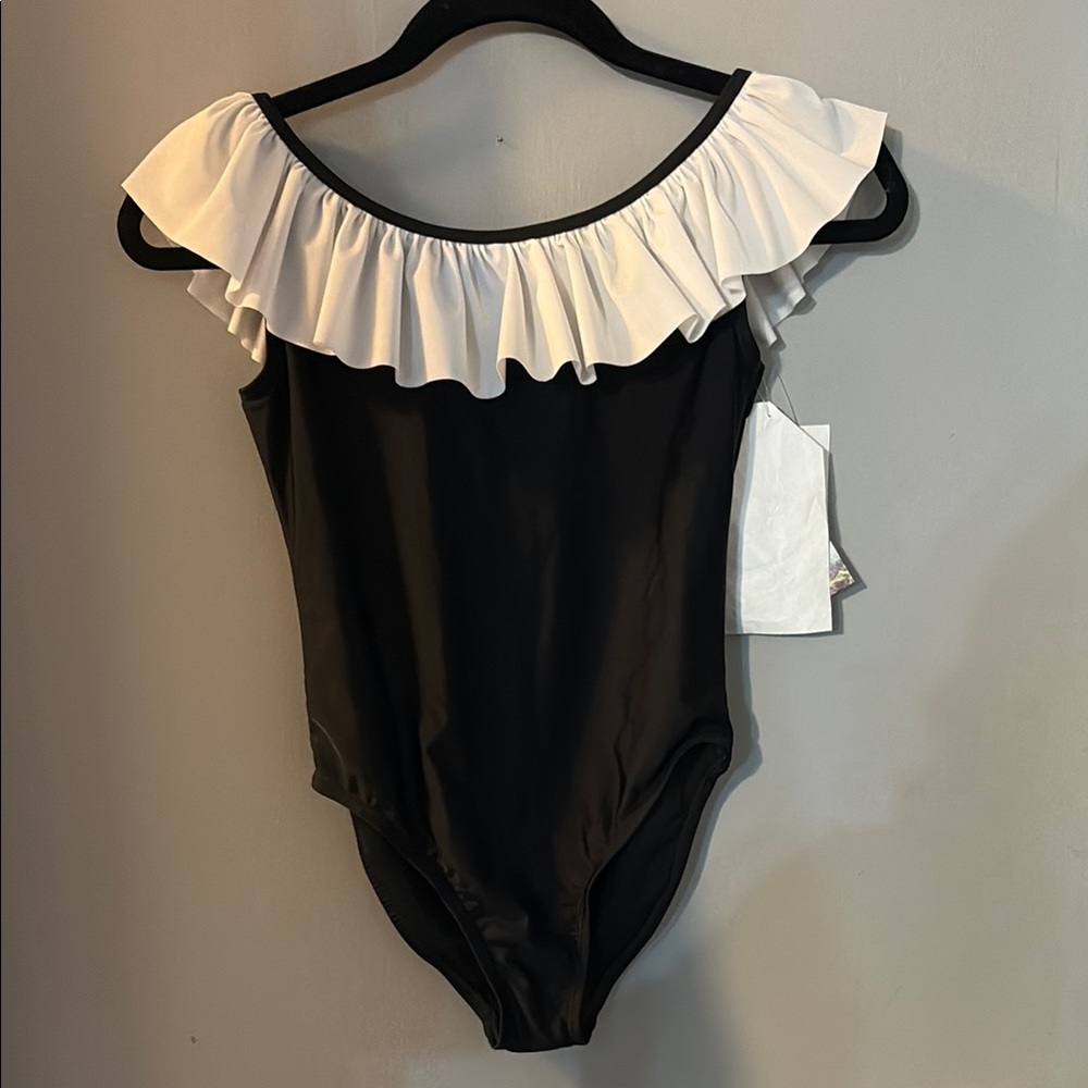 Angel Black and White One Piece Swimsuit with Ruffle Trim